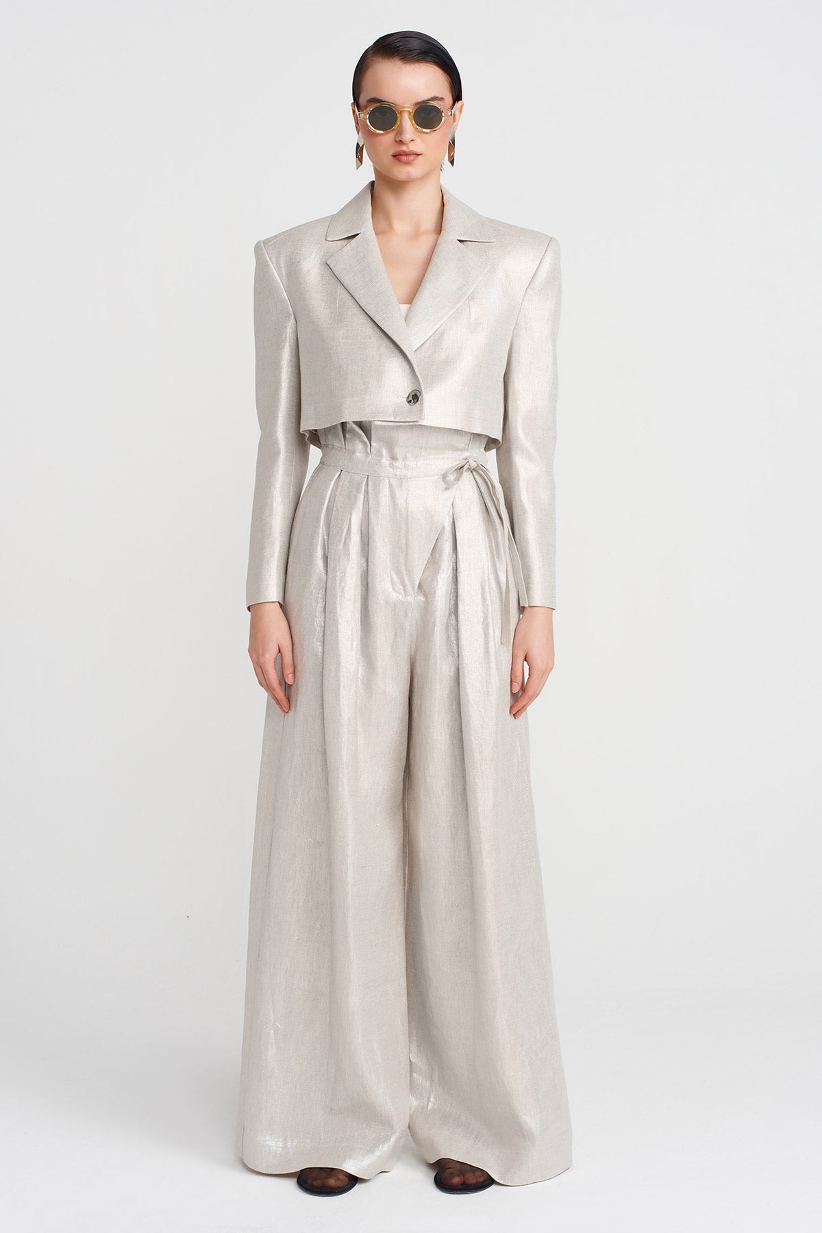 Gümüş Crop Blazer Kaplamalı Ceket-Y255015101
