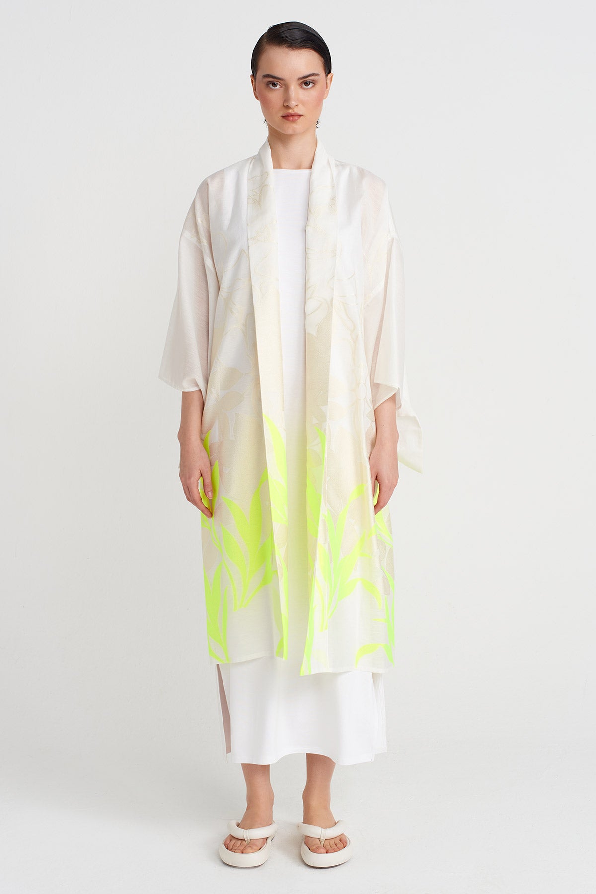 Neon Yeşili / Kırık Beyaz Jakarlı Kimono-Y255015102