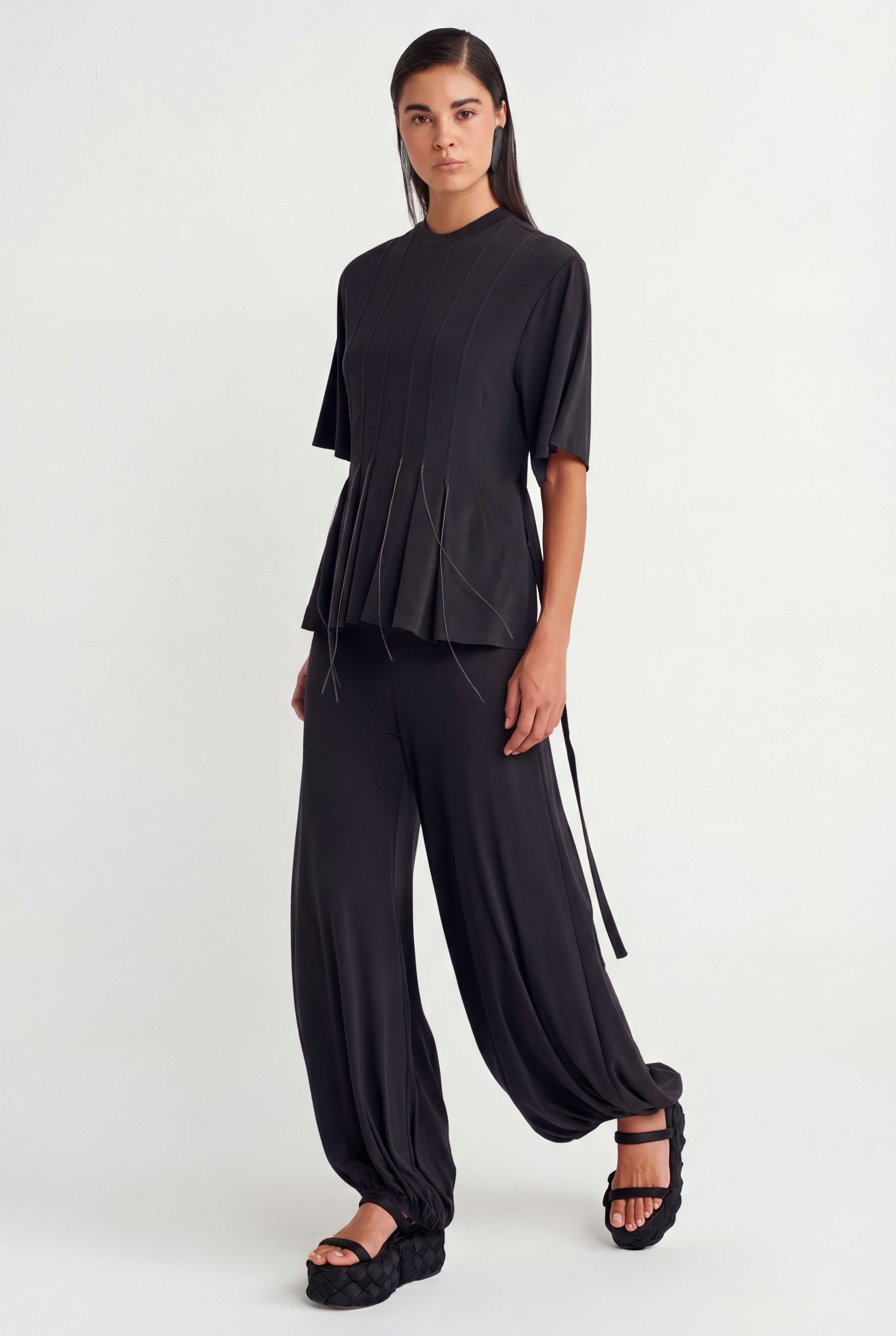 Black Stitch Detail Tie-Up T-Shirt - Y261011009