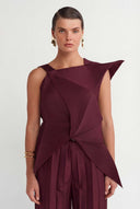 Burgundy Origami Pattern Pleated Blouse - Y261011051