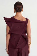 Burgundy Origami Pattern Pleated Blouse - Y261011051