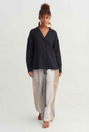 Black Natural Linen Button-Down Shirt - Y261011068
