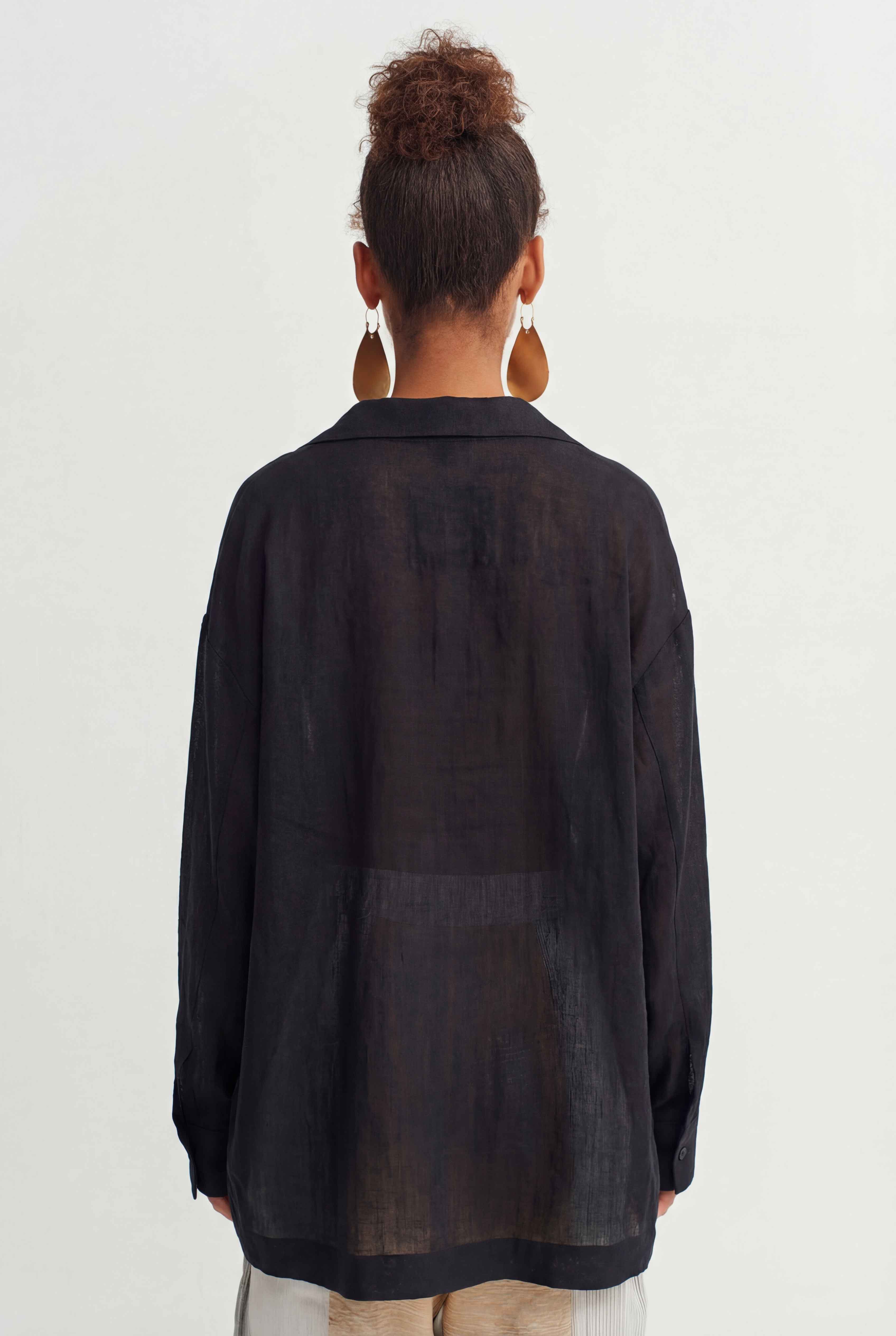 Siyah Doğal Keten Düğmeli Gömlek-Y261011068