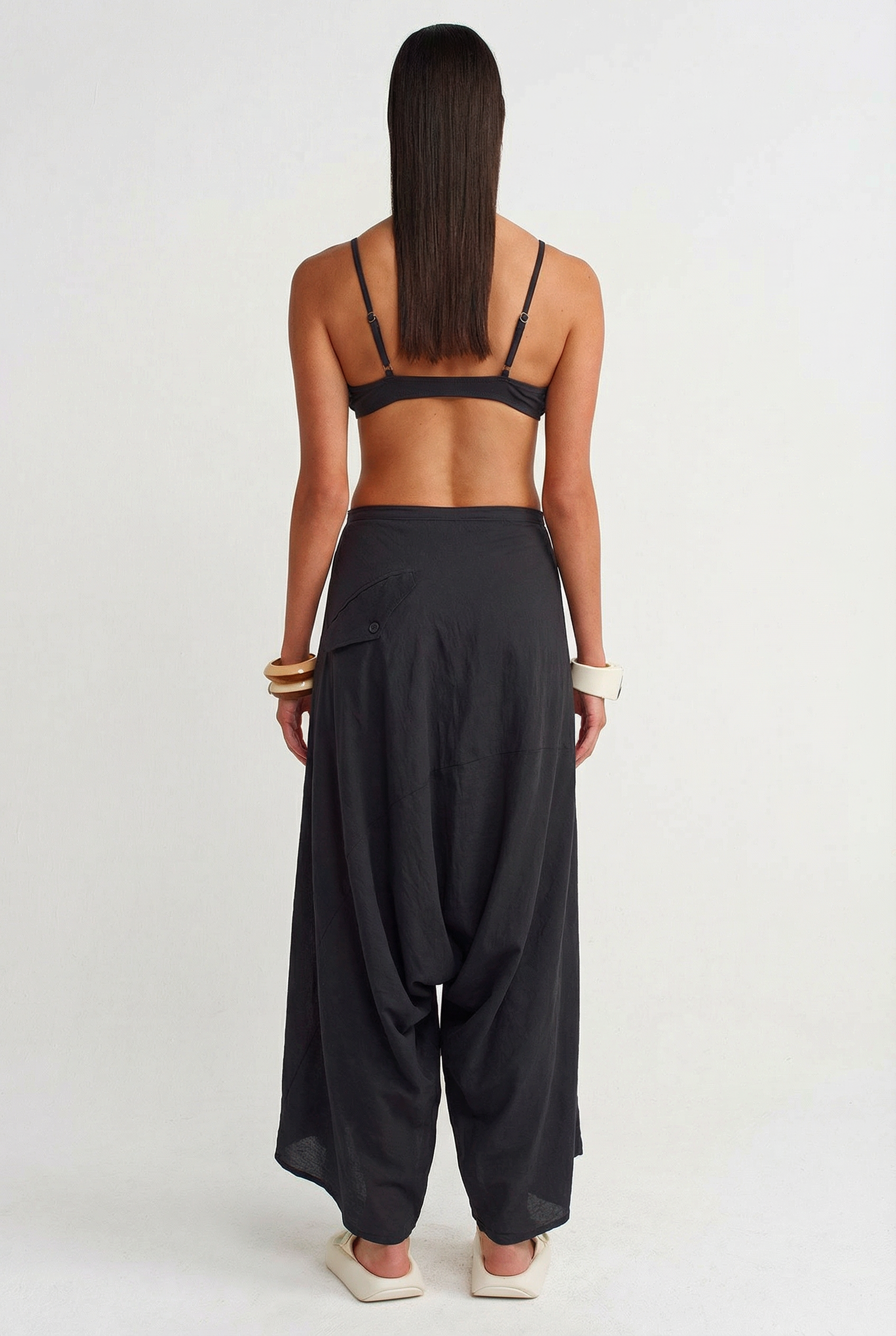 Siyah Asimetrik Bağlamalı Şalvar-Y263013007