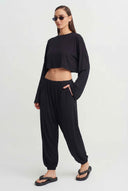 Black Loose-Fitting Trousers with Elastic Waistband - Y263013039