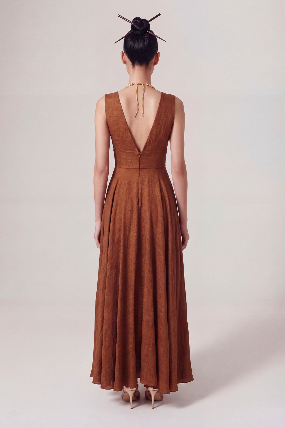 Bronz V Dekolteli Maxi Elbise-Y264014037