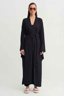 Siyah Bağlamalı Uzun Kimono-Y265015039