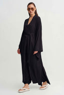 Siyah Bağlamalı Uzun Kimono-Y265015039