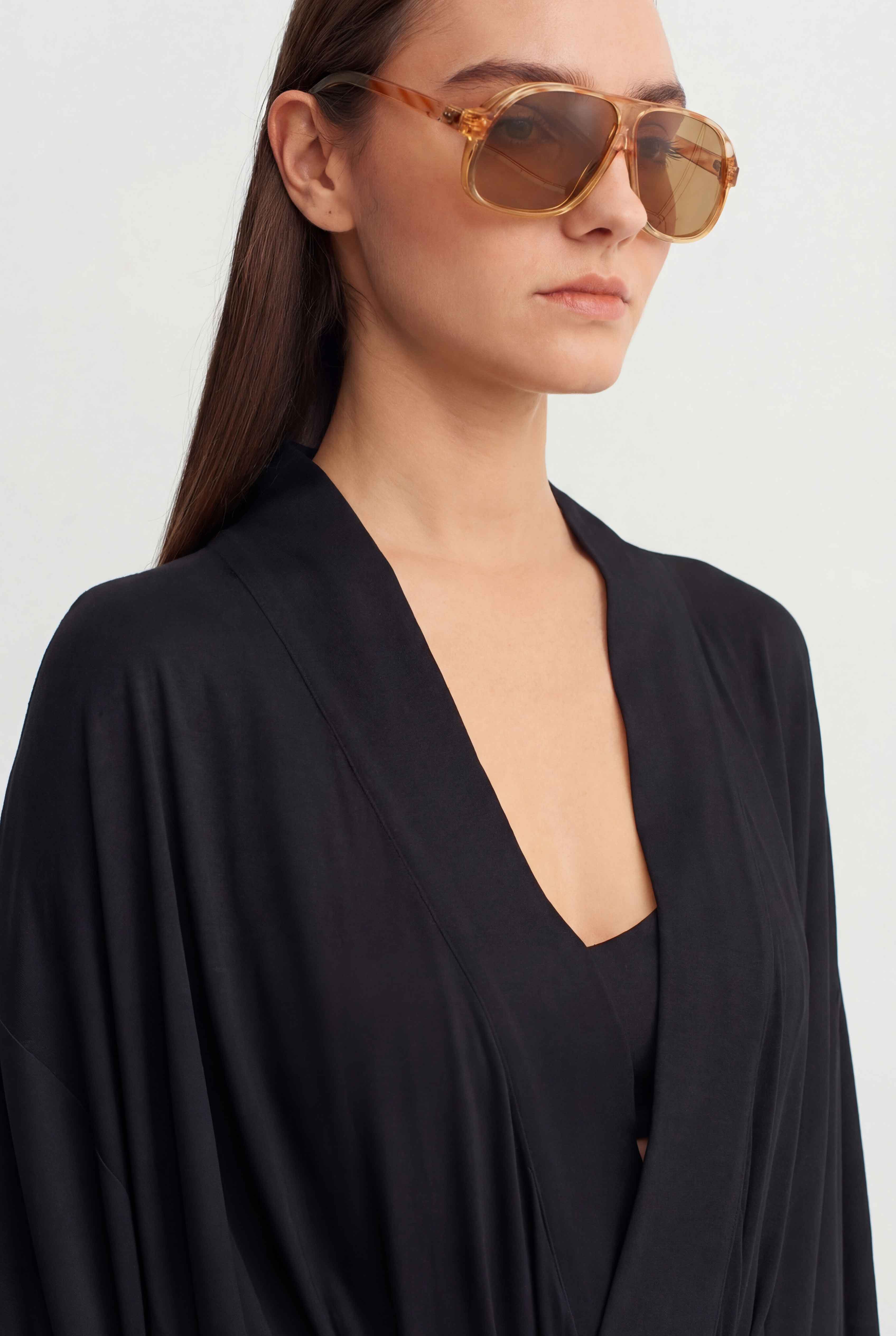 كيمونو طويل أسود برباط - Y265015039