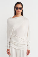 Fog Color Draped Long Sleeve Blouse-Y261011011