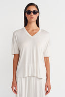 Fog Color V-Neck Comfortable Form T-Shirt-Y261011012