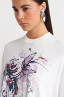 Kırık Beyaz Boncuk İşlemeli Baskılı Oversize T-shirt-Y261011013