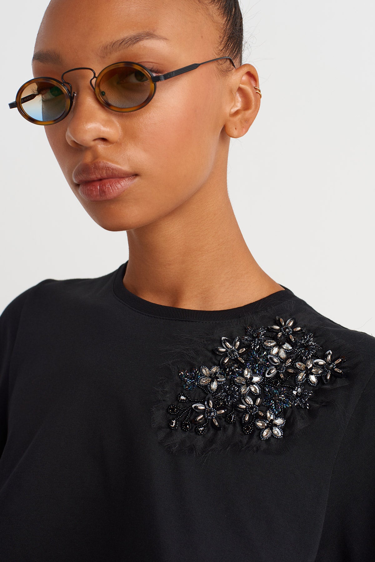 Black Beaded Asymmetrical Blouse - Y261011024