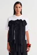 White/Black Striped T-Shirt with Floral Detail - Y261011029