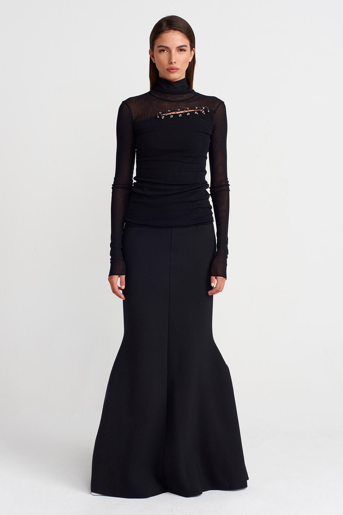 Siyah Piercing Detaylı Transparan Tül Body-Y261011035