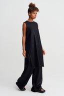 Black Textured Long Sleeveless Tunic Blouse - Y261011064