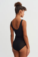 Black Tulle Layered U-Neck Bodysuit - Y261011073