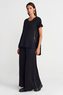 Siyah Fermuar Detaylı Asimetrik T-Shirt-Y261011034