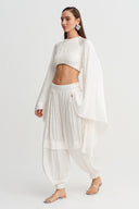 Broken White Satin Crop Blouse with Cape Sleeves - Y261011102