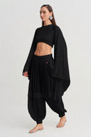 Black Cape Sleeve Satin Crop Blouse-Y261011102
