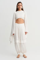 Broken White Satin Crop Blouse with Cape Sleeves - Y261011102