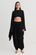 Black Cape Sleeve Satin Crop Blouse-Y261011102