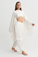Broken White Satin Crop Blouse with Cape Sleeves - Y261011102