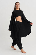 Black Cape Sleeve Satin Crop Blouse-Y261011102