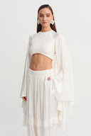 Broken White Satin Crop Blouse with Cape Sleeves - Y261011102