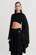 Black Cape Sleeve Satin Crop Blouse-Y261011102