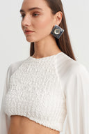Broken White Satin Crop Blouse with Cape Sleeves - Y261011102