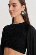 Black Cape Sleeve Satin Crop Blouse-Y261011102