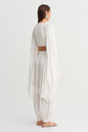 Broken White Satin Crop Blouse with Cape Sleeves - Y261011102