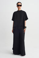 Siyah Asimetrik Kesim T-Shirt-Y261011153