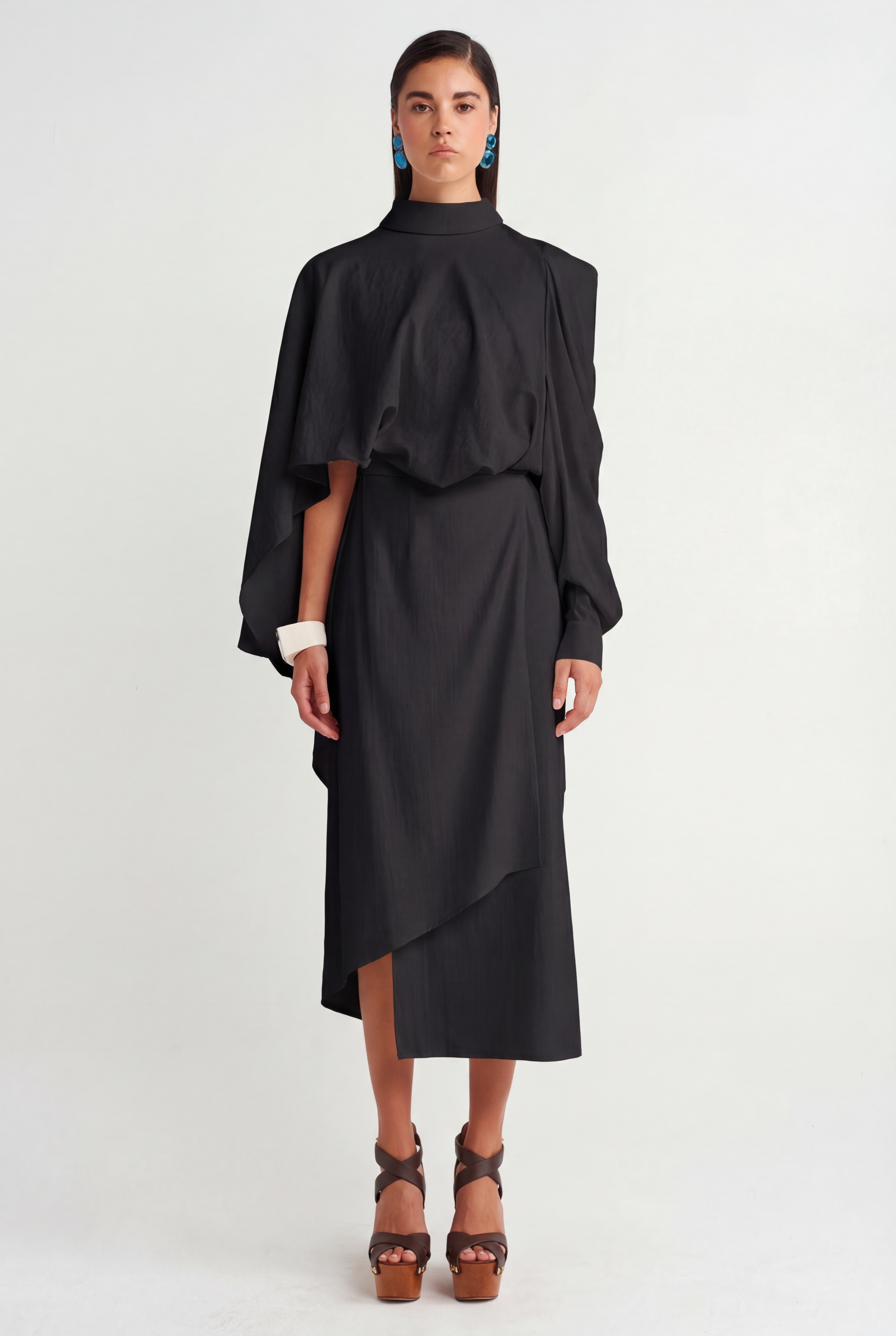 Black Asymmetrical Draped Midi Dress - Y264014011