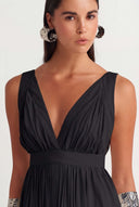 Black V-Neck Draped Dress - Y264014017