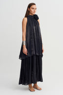 Black Satin Dress with Floral Collar Detail - Y264014019