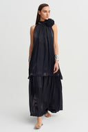 Black Satin Dress with Floral Collar Detail - Y264014019