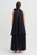 Black Satin Dress with Floral Collar Detail - Y264014019