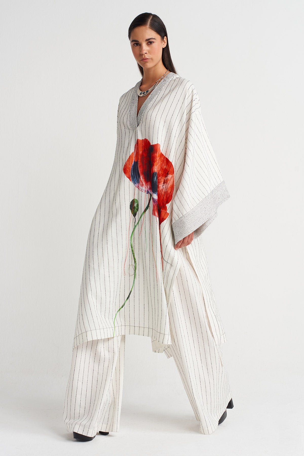 Çizgili Oversize Gelincik Kaftan-Y264014024