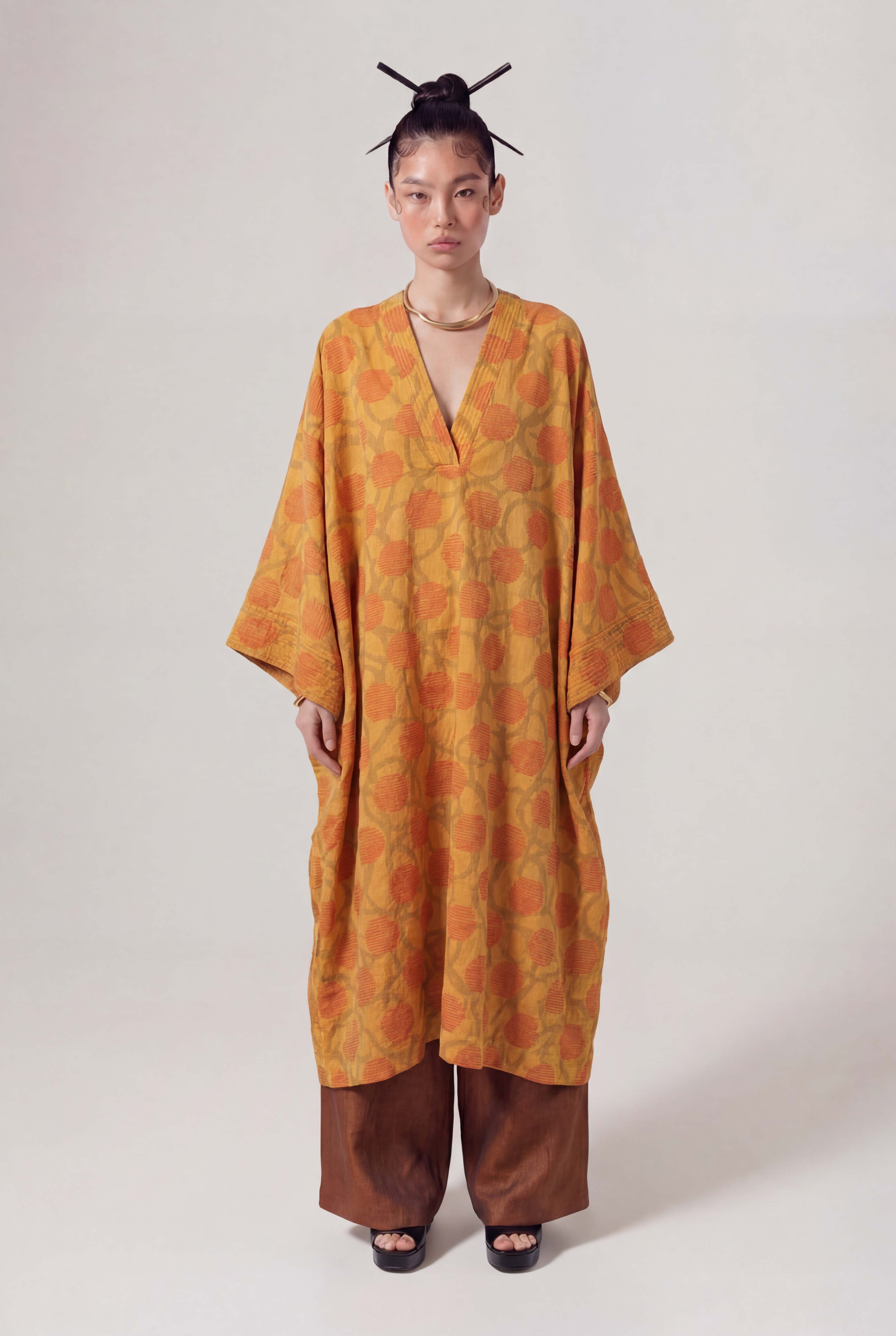 Bronz Desenli Kaftan Elbise-Y264014036