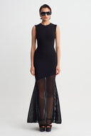 Siyah File Detaylı Balık Elbise-Y264014089
