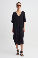 Siyah V Yaka Oversize Jarse Elbise-Y264014136