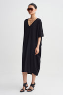 Siyah V Yaka Oversize Jarse Elbise-Y264014136