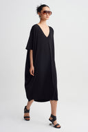 Siyah V Yaka Oversize Jarse Elbise-Y264014136