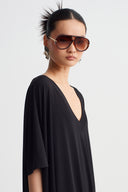Siyah V Yaka Oversize Jarse Elbise-Y264014136