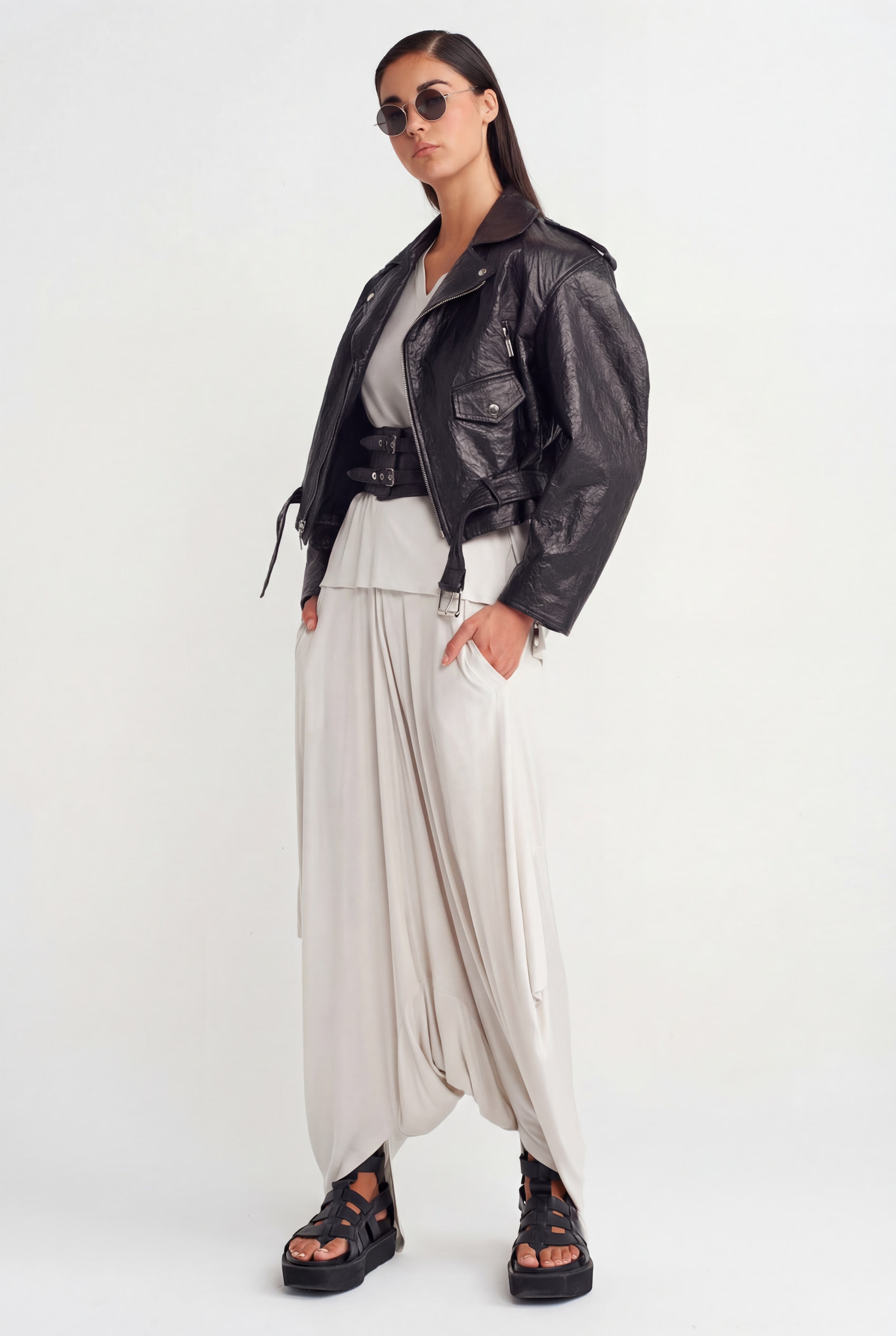 Siyah Kemer Detaylı Suni Deri Biker Ceket-Y265015006