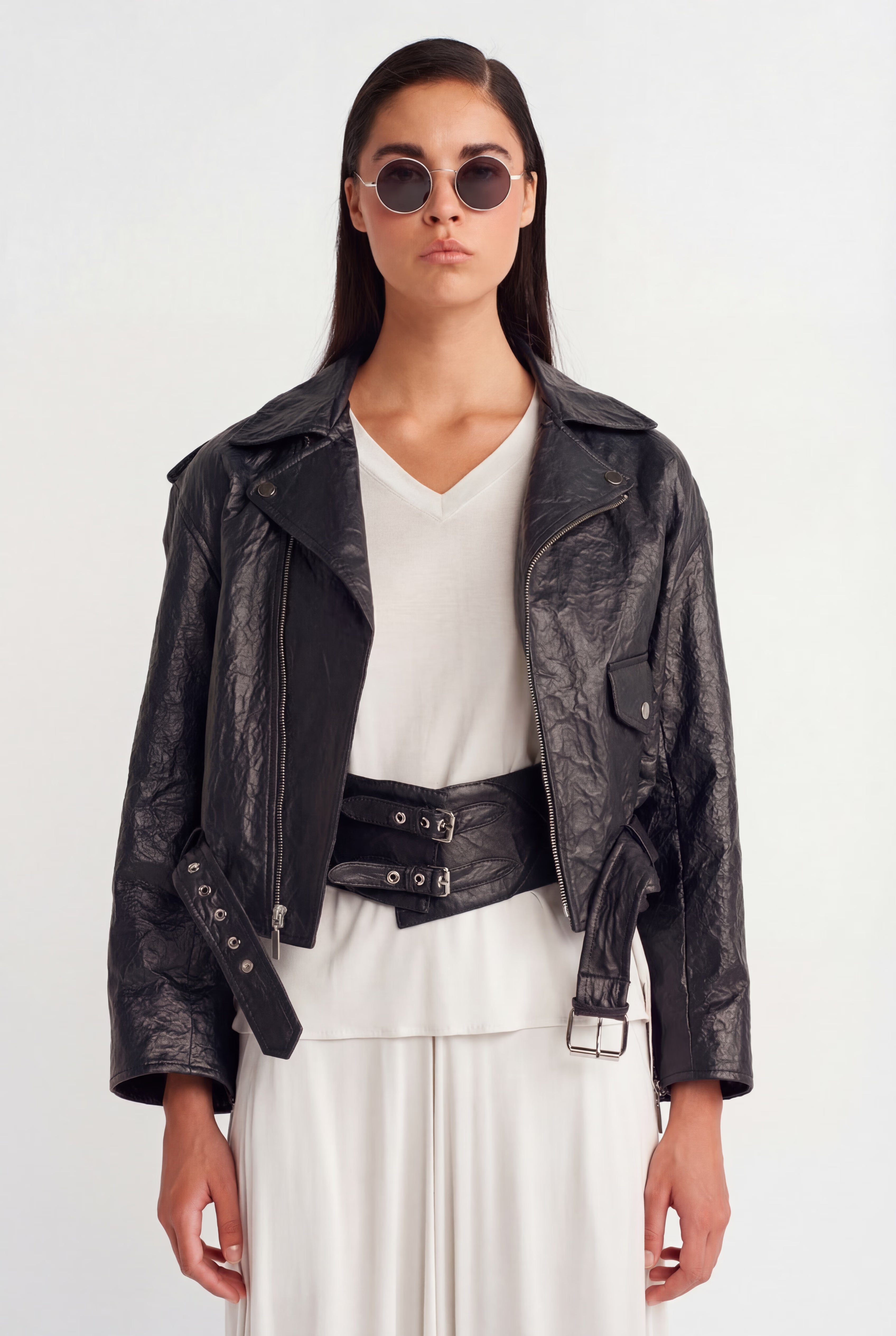 Siyah Kemer Detaylı Suni Deri Biker Ceket-Y265015006