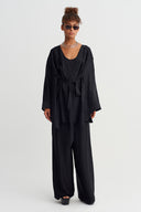 Black Tone-on-Tone Striped Belted Kimono - Y265015040