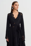 Black Lace Detail Tie-Waist Jersey Kimono-Y265015057